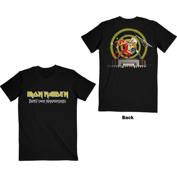 Iron Maiden Unisex T-Shirt: Beast Over Hammersmith Eddie & Devil (Back Print) (Small)