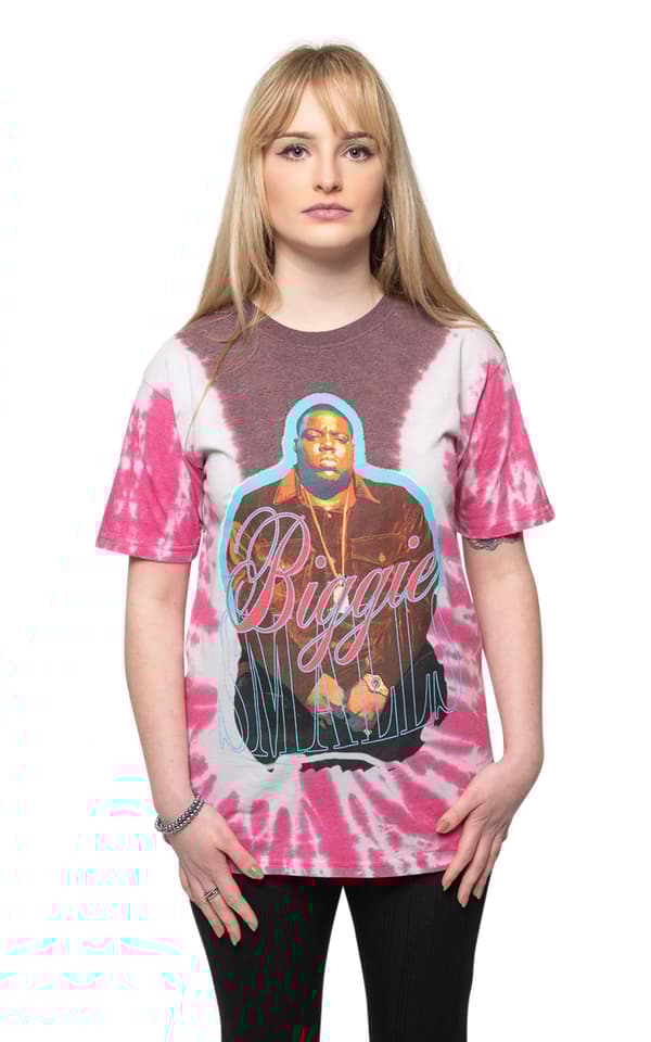 Biggie Smalls T Shirt Neon Glow Logo Official Unisex Tie Dye Pink
