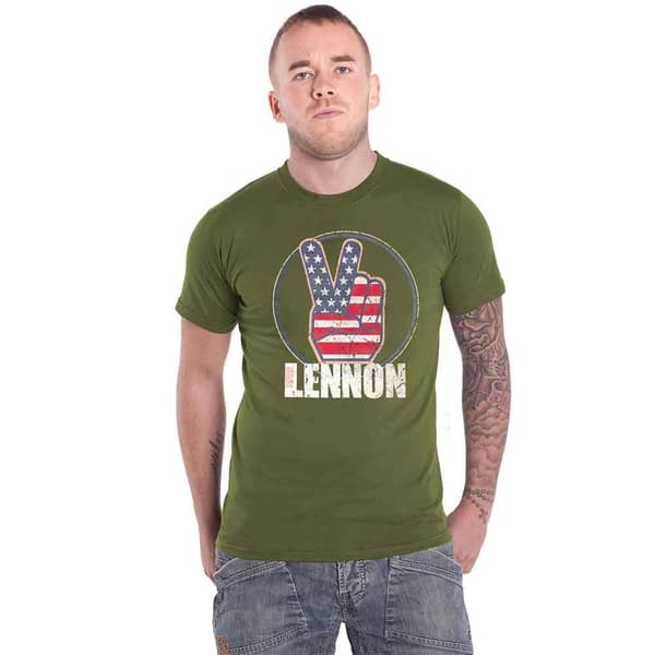 John Lennon T Shirt Peace Fingers US Flag Logo Official Unisex Green
