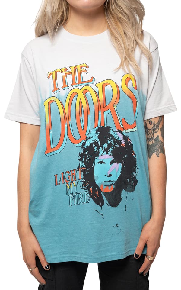 The Doors T Shirt Light My Fire Stacked Official Unisex Light Blue Dye Wash