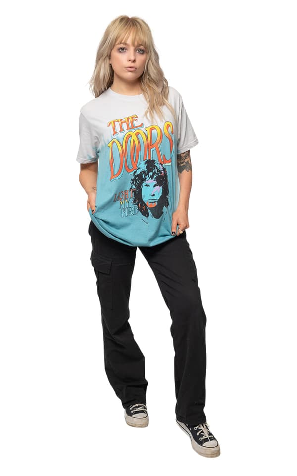 The Doors T Shirt Light My Fire Stacked Official Unisex Light Blue Dye Wash
