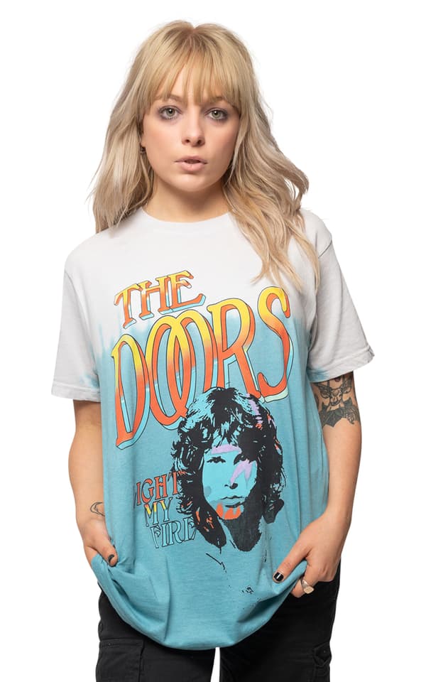 The Doors T Shirt Light My Fire Stacked Official Unisex Light Blue Dye Wash