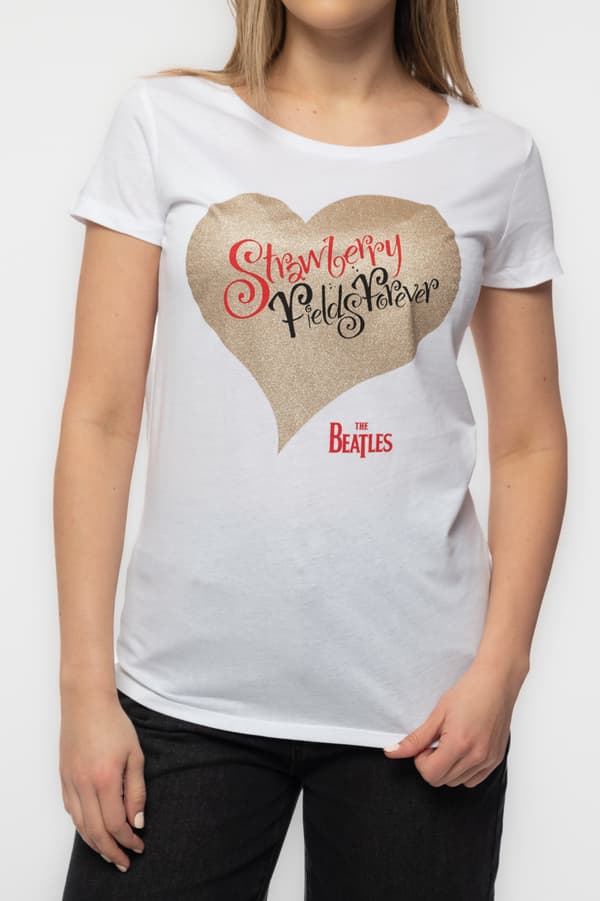 The Beatles T Shirt Strawberry Fields Glitter Official Womens Skinny Fit White