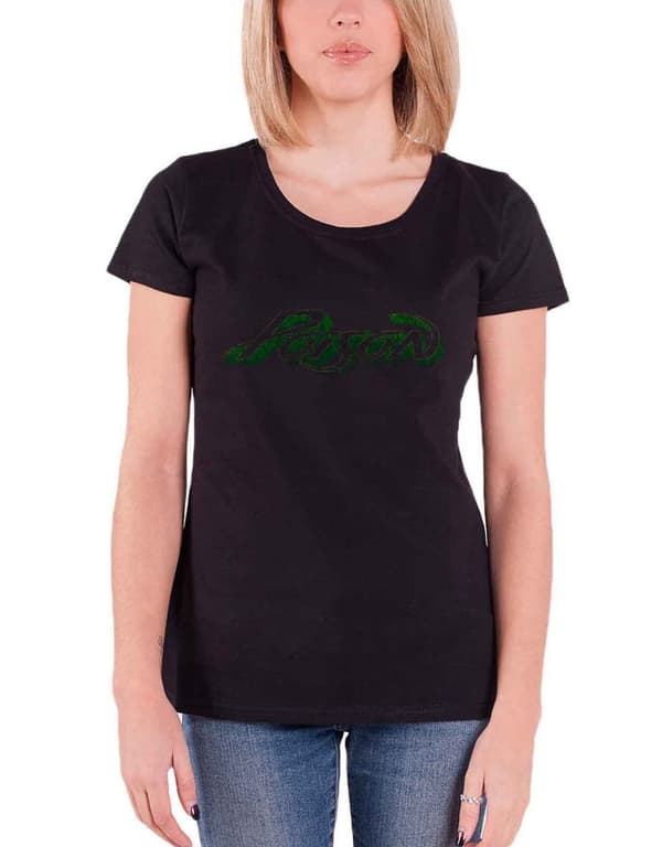 Poison T Shirt Vintage Band Logo distressed Official Womens Skinny Fit Black