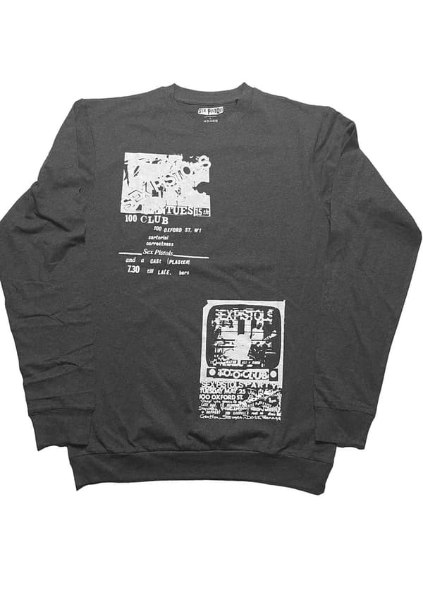 The Sex Pistols T Shirt 100 Club Official Unisex Charcoal Grey Long Sleeve