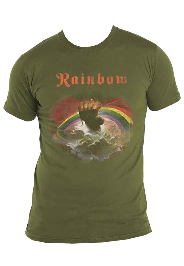 Rainbow T Shirt Rising Distressed Band Logo Official Mens Military Green