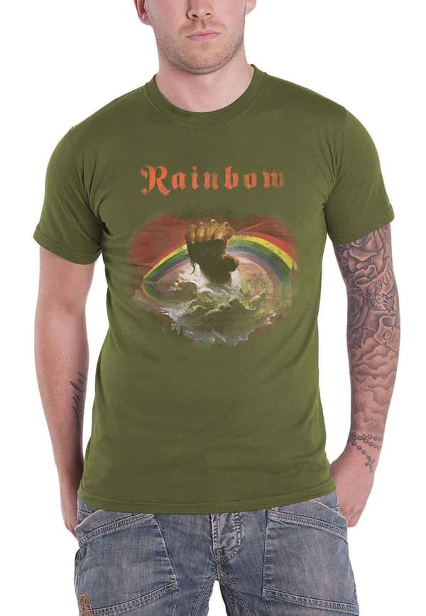 Rainbow T Shirt Rising Distressed Band Logo Official Mens Military Green Military Green XL