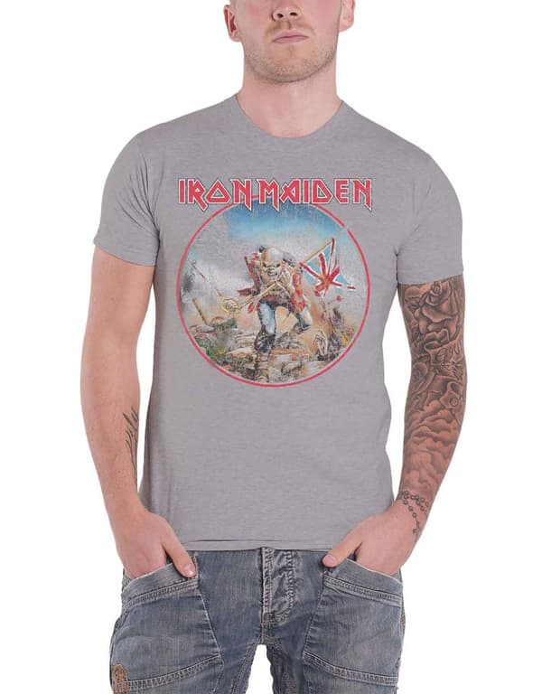 Iron Maiden T Shirt Trooper Vintage Circle Band Logo Official Mens Grey