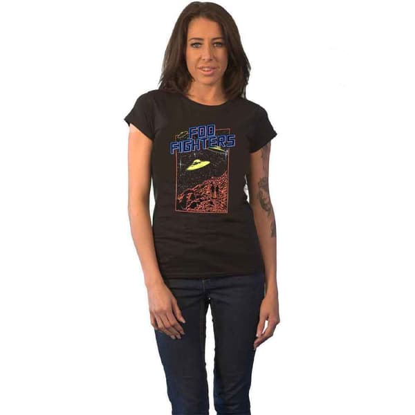 Foo Fighters T Shirt UFO 2015 European Tour Official Womens Skinny Fit Black Black L