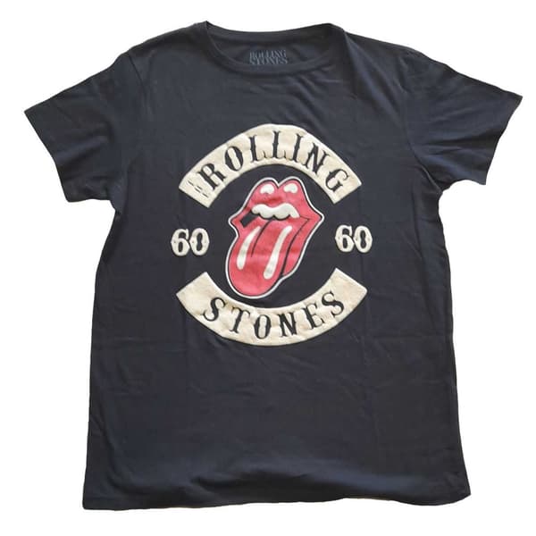 The Rolling Stones Ladies T-Shirt: Sixty Biker Tongue (Suede Flock) (Small)