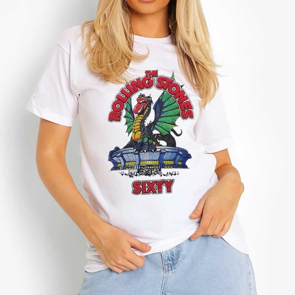 The Rolling Stones Ladies Hi-Build T-Shirt: Sixty Stadium Dragon (Puff Print) (Large)