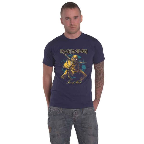 Iron Maiden T Shirt Piece of Mind Gold Eddie Official Unisex Navy Blue Navy XL