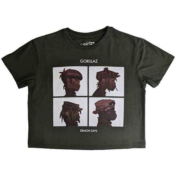 Gorillaz Crop Top T Shirt Demon Days Band Logo Official Womens Green