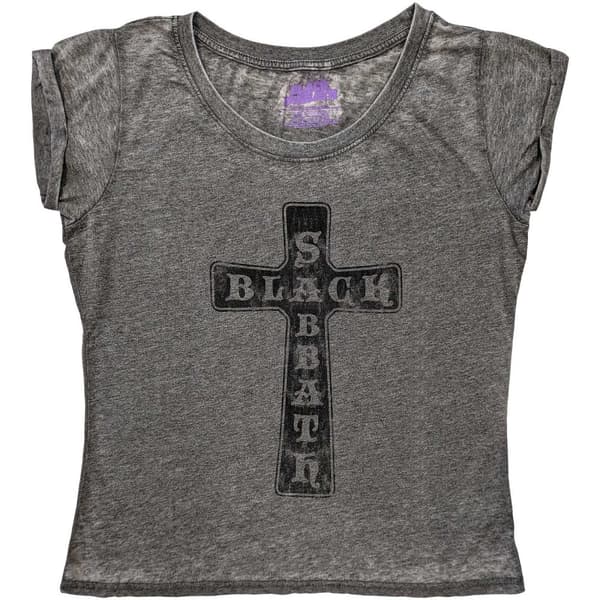 Black Sabbath T Shirt Vintage Cross Official Womens Charcoal Grey Burnout