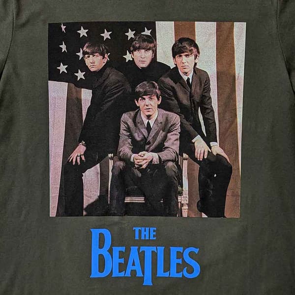 The Beatles T Shirt US Flag Photo Band logo Official Unisex Green