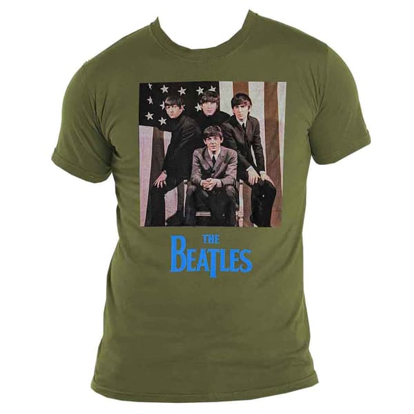 The Beatles T Shirt US Flag Photo Band logo Official Unisex Green
