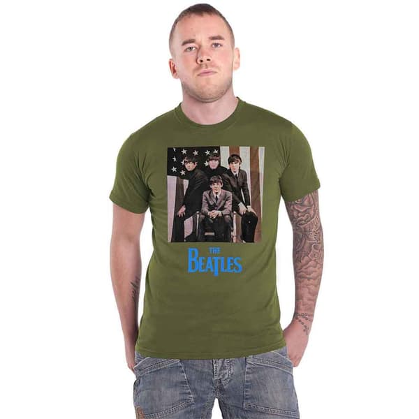 The Beatles T Shirt US Flag Photo Band logo Official Unisex Green