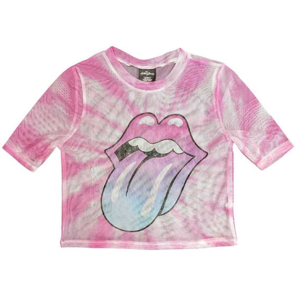 The Rolling Stones Mesh Crop Top T Shirt Pink Gradient Tongue Official Womens