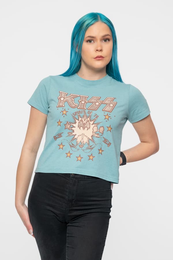 KISS Crop Top T Shirt Spirit of 76 Band Logo Official Womens Green