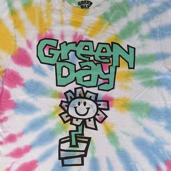 Green Day T Shirt Flower Pot Band Logo Official Unisex White Dye Wash