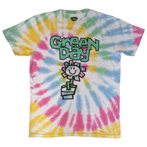 Green Day T Shirt Flower Pot Band Logo Official Unisex White Dye Wash