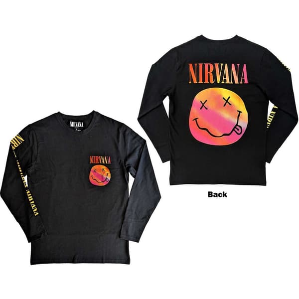 Nirvana Unisex Long Sleeve T-Shirt: Gradient Happy Face (Back & Sleeve Print) (Small)