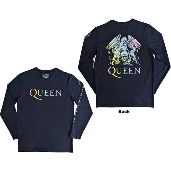 Queen Unisex Long Sleeve T-Shirt: Rainbow Crest (Back & Sleeve Print) (Medium)