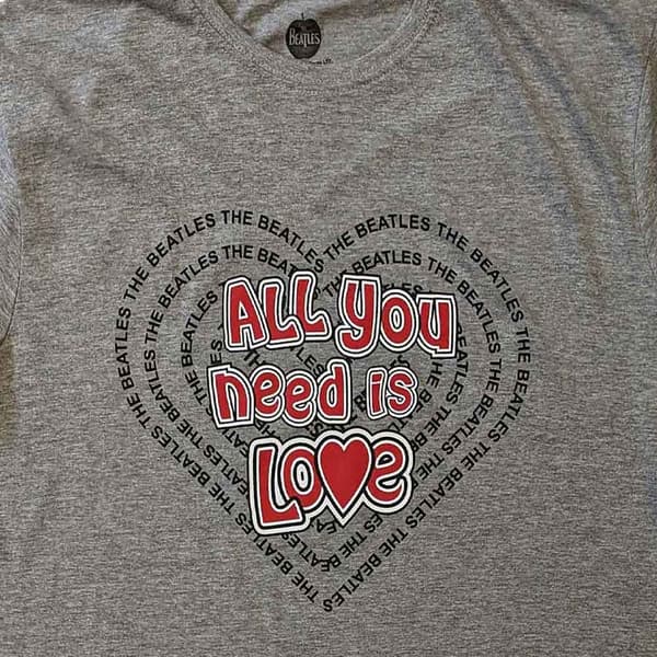 The Beatles T Shirt All You Need Is Love Heart Logo Official Unisex Grey