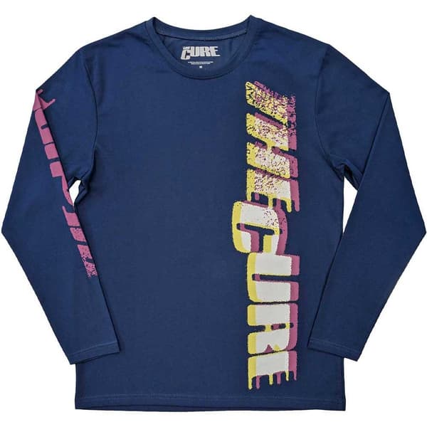 The Cure T Shirt Glitched Logo Official Unisex Denim Blue Long Sleeve
