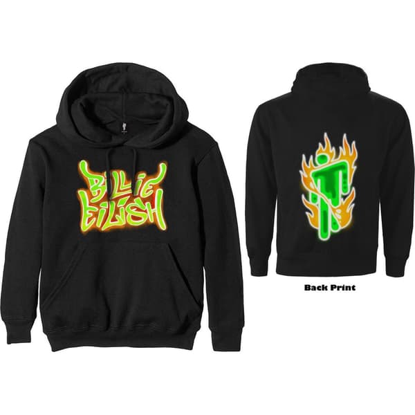 Billie Eilish Unisex Pullover Hoodie: Airbrush Flames Blohsh (Back Print) (Small)