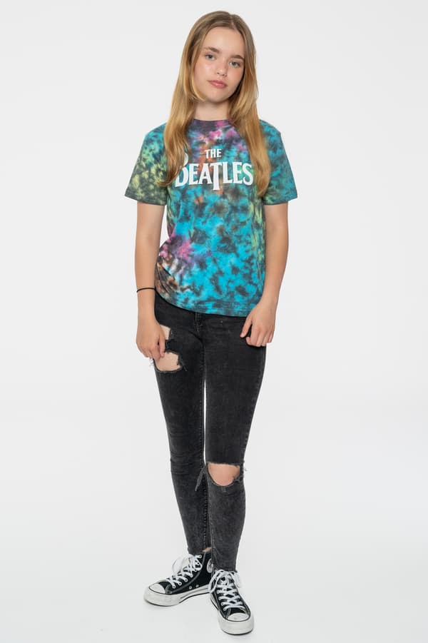The Beatles Kids T Shirt Drop T Band Logo Official Dye Wash Grey
