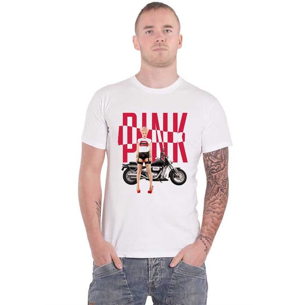 Pink T Shirt Motorbike Logo Official Unisex White
