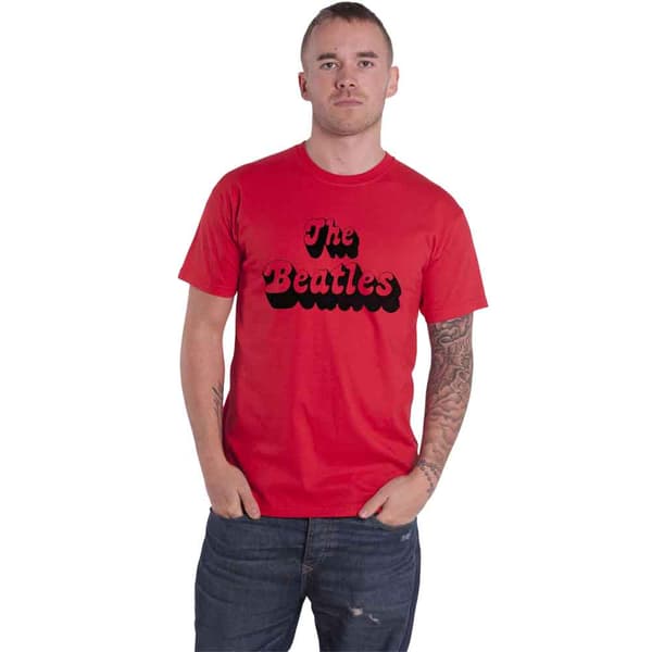 The Beatles T Shirt Text Band Logo Shadow Official Unisex Red Red XL
