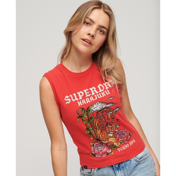 Superdry Ärmlös T-shirt Med Rund Hals Tattoo Rhinestone Röd XS Kvinna