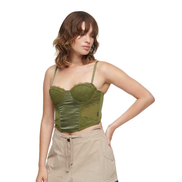 Superdry Ärmlös T-shirt Lace Satin Corset Grönt L Kvinna