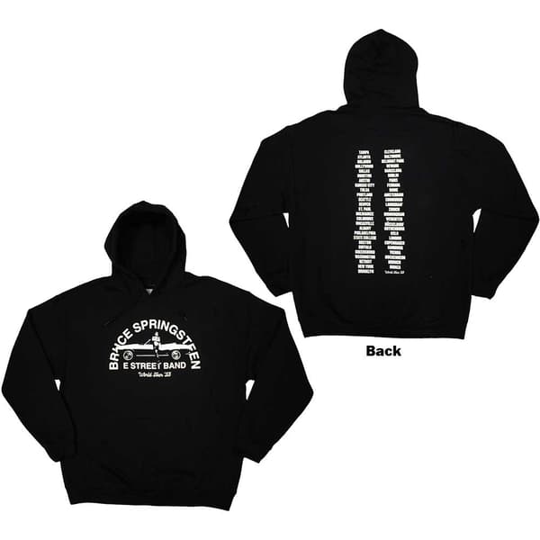 Bruce Springsteen Unisex Pullover Hoodie: Tour '23 Leaning Car (Back Print & Ex-Tour) (Medium)