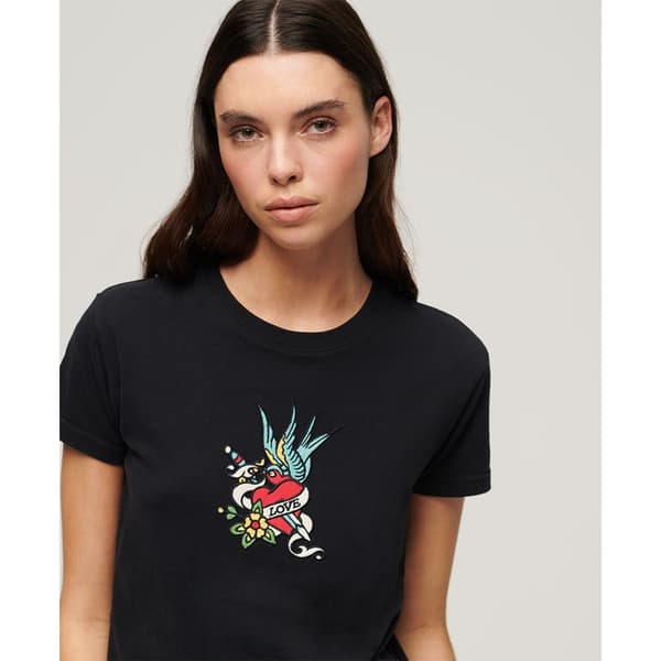 Superdry Tattoo Embroidered Fitted T-shirt Med Korte ærmer Sort L Kvinde