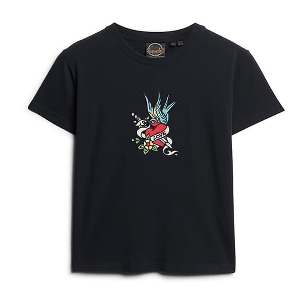 Superdry Tattoo Embroidered Fitted T-shirt Med Korte ærmer Sort L Kvinde