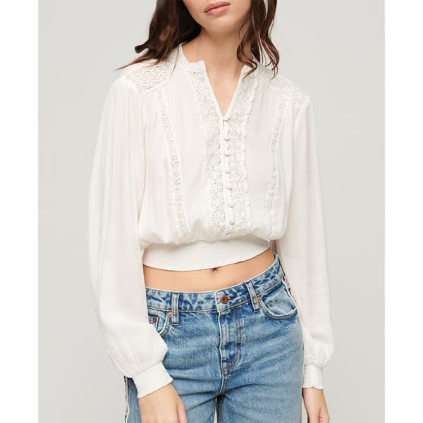 Superdry Långärmad Blus Lace Trim Smocked Beige XL Kvinna