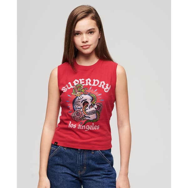 Superdry Tattoo Rhinestone ärmlös T-shirt Röd S Kvinna