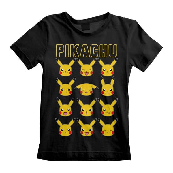 Pokemon - Pikachu Faces (Unisex Black T-Shirt) 3-4 Years