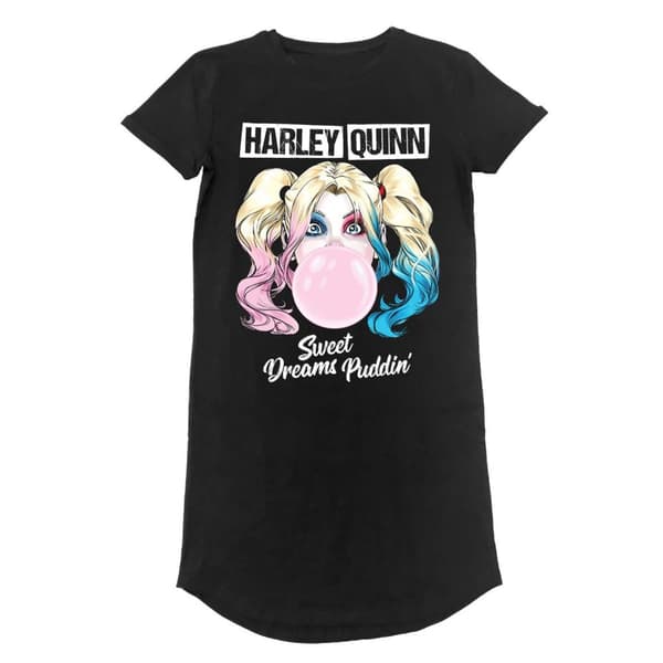 DC Comics Batman - Harley Quinn Sweet Dreams Puddin (Unisex Black T-Shirt Dress) Small