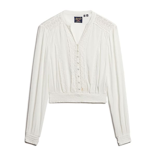 Superdry Lace Trim Smocked Blus Med Lång ärm Beige S Kvinna