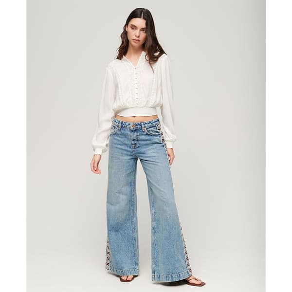 Superdry Lace Trim Smocked Blus Med Lång ärm Beige S Kvinna
