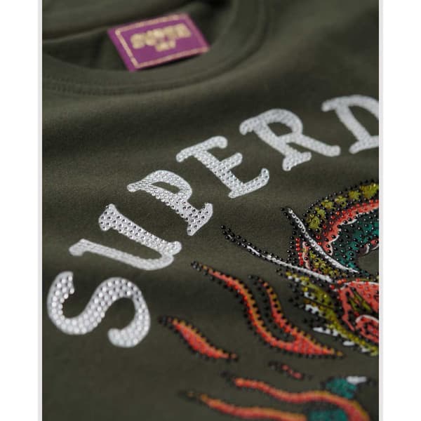 Superdry Tattoo Rhinestone Fitted T-shirt Med Korte ærmer Grøn M Kvinde