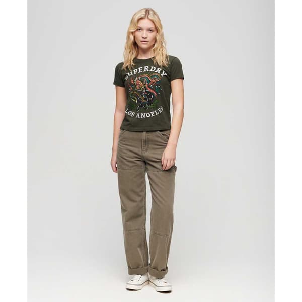 Superdry Tattoo Rhinestone Fitted T-shirt Med Korte ærmer Grøn M Kvinde