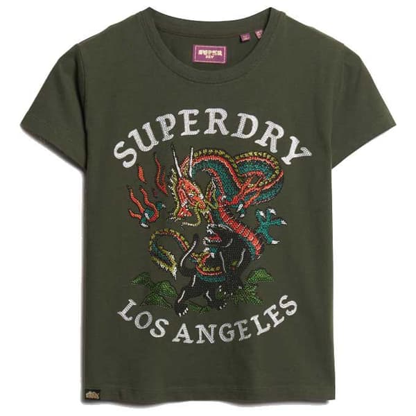 Superdry Tattoo Rhinestone Fitted T-shirt Med Korte ærmer Grøn M Kvinde
