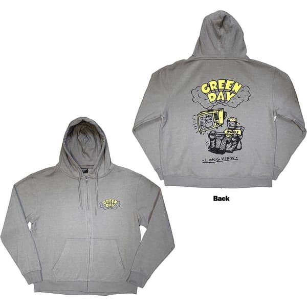 Green Day Unisex Zipped Hoodie: Longview Doodle (Back Print) (Medium)