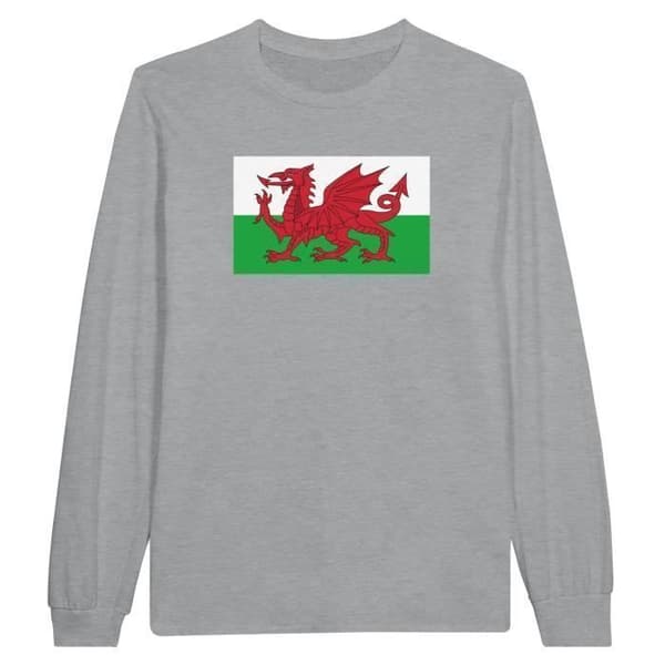 T-shirt med långa ärmar - Wales flagga - Grå - 100% bomull - Klassisk passform - Långa ärmar