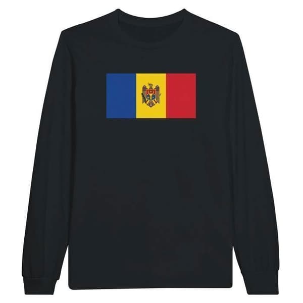 T-shirt med långa ärmar - PIXELFORMA - Moldaviens flagga - Svart - Klassisk krage - 100 % bomull